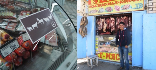 Horse meat is ubiquitous in Kazakhstan, both in supermarkets (left) and local markets (right)